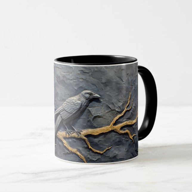 Perched raven in bas relief on slate wall mug (Front Right)