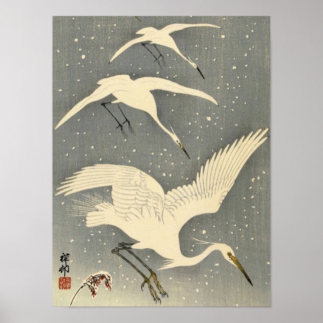 Perching Herons in Snow, 1936 by Ohara Koson Poster (Front)