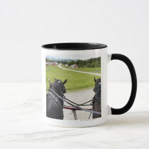 Perchon horses pulling cart against historic mug