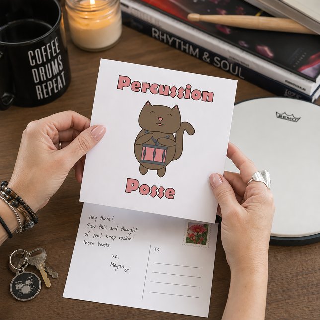 Percussion Posse Cute Drumming Cat  Postcard (A postcard with a drum playing cat and the text percussion posse.)
