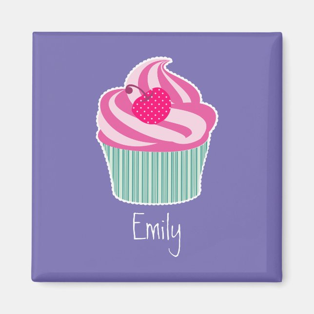 Perdonalized Pink Cupcake WIth Polka Dot Cherry Magnet (Front)