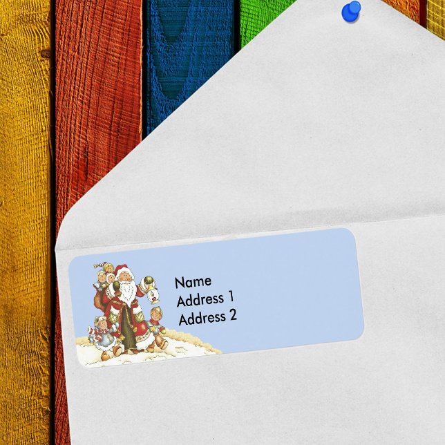 Père Noël avec des enfants marchant dans le bleu c (Cute Santa Claus with little children in snow on light blue return address labels for Christmas.)