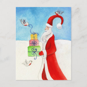 père Noël avec des oiseaux dans la carte postale d