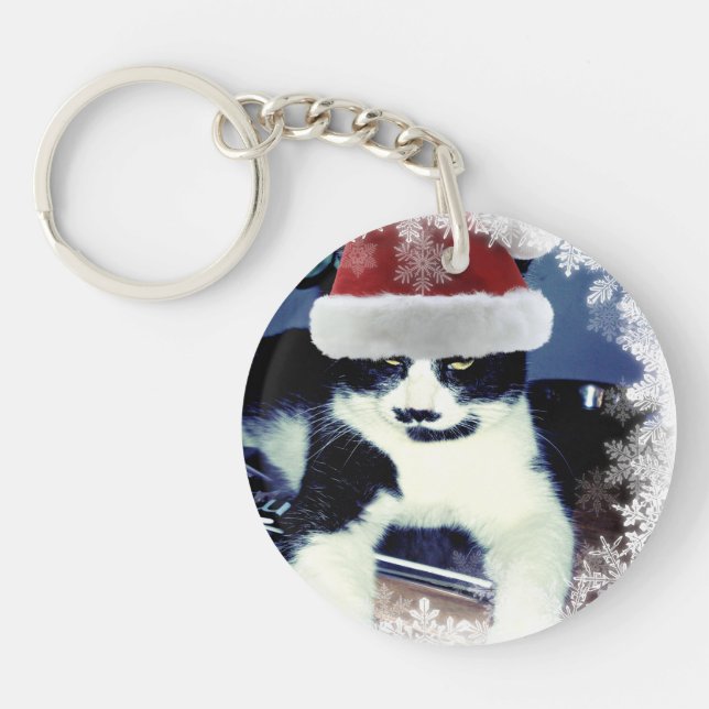 Père Noël Chat avec moustache Porte - clé de Noël (Devant)