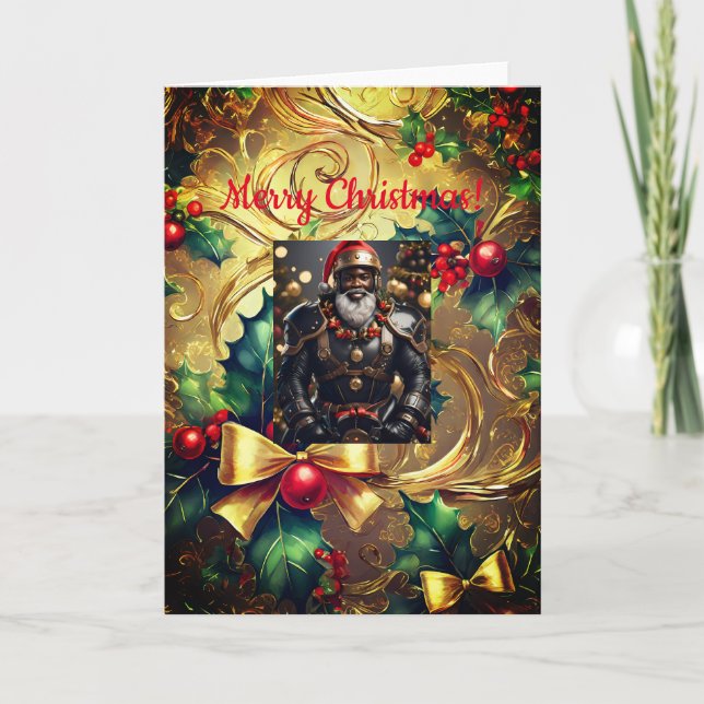 Père Noël en cuir noir Noël, carte pliée de 5" x 7 (Devant)