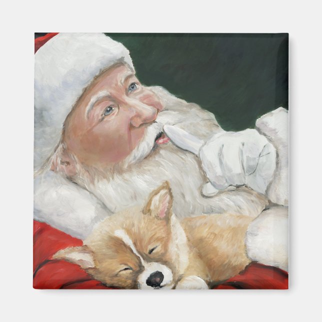 Père Noël et Corgi Pup Magnet de Noël (Devant)
