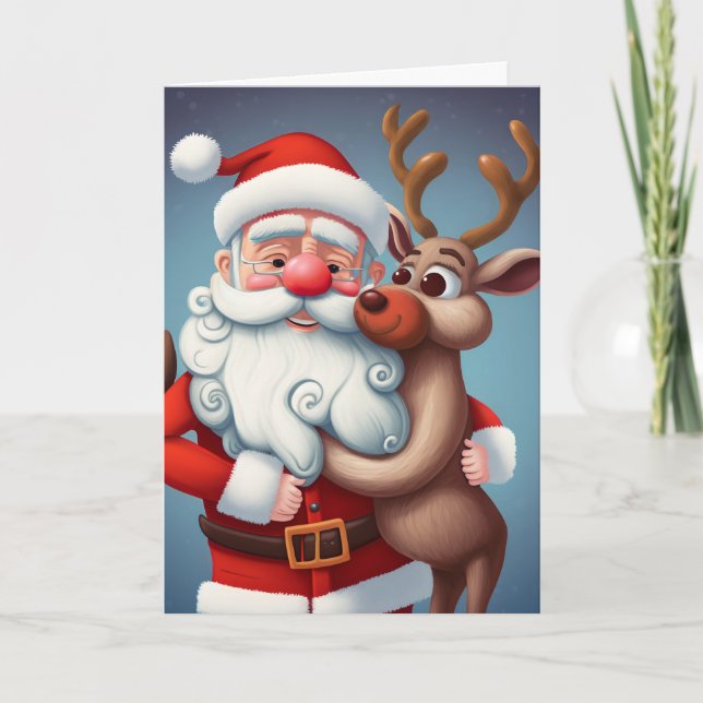 Père Noël et Reindeer Carte de voeux de Noël pliée (Devant)
