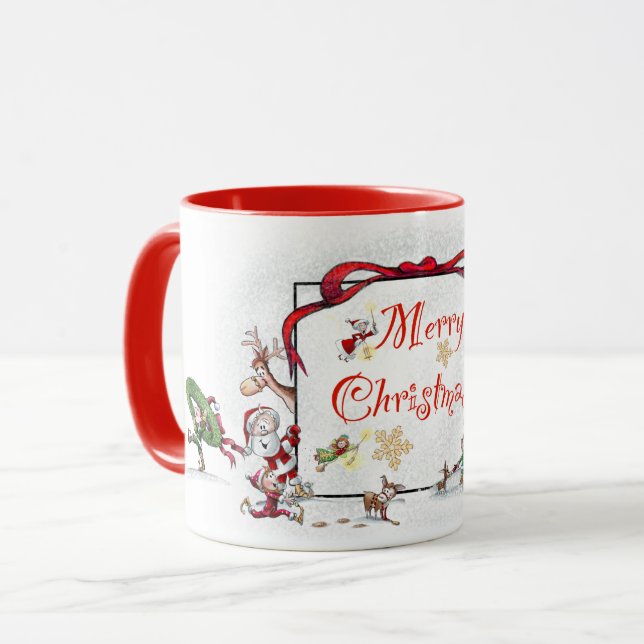 Père Noël et ses elfes Joyeux Noël Mug (Devant gauche)