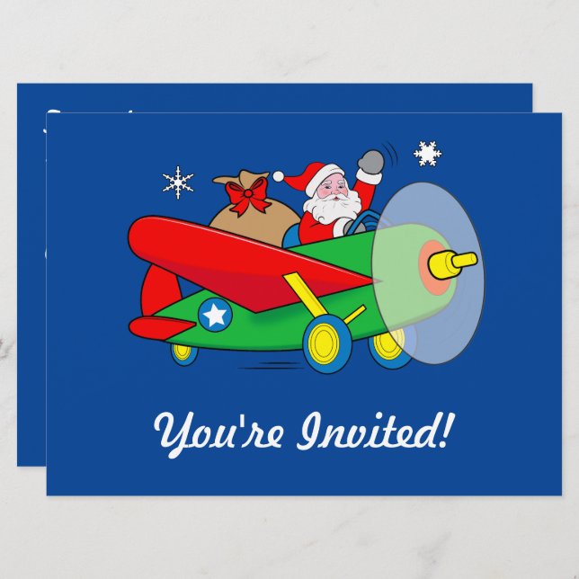 Père Noël Flying Airplane Cadeaux Noël Invitation (Devant / Derrière)
