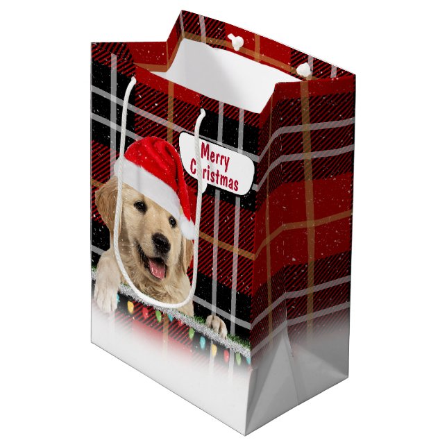 Père Noël Golden Retriever Sur Sac Cadeau Moyen Pl (Devant Angle)