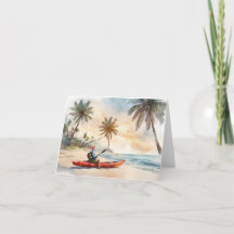 Père Noël Kayak avec Palmiers Carte de Noël