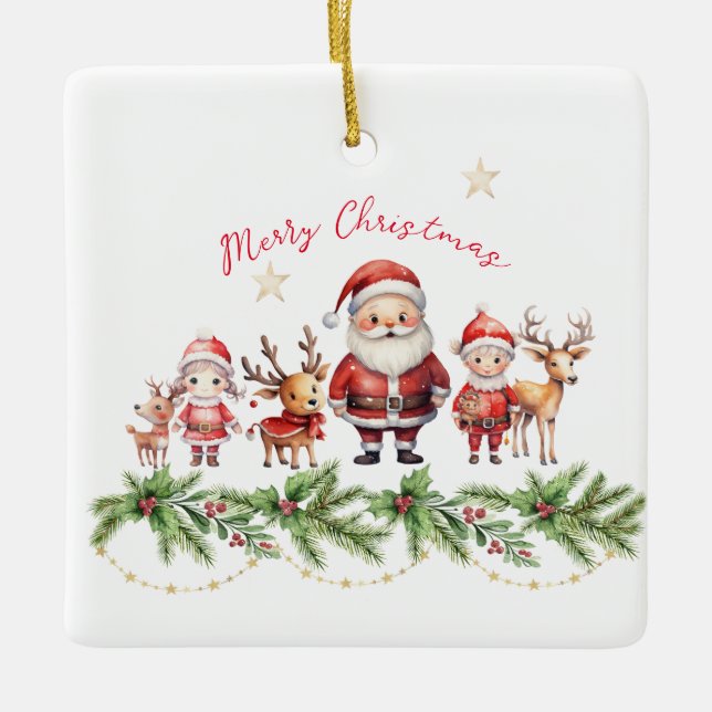 Père Noël, Reindeer et les enfants Ornement de Noë (Devant)