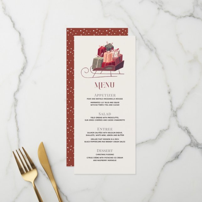 Père Noël Sleigh Gifts Holiday Dinner Party Menu (Devant/Arrière en situation)
