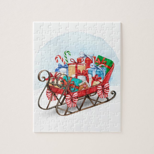 Père Noël Sleigh Jigsaw Puzzle (A festive sleigh filled with colorful presents, adorned with candy canes and ribbons.)