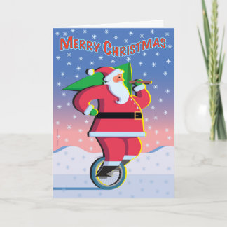 Père Noël sur une carte de vacances de monocycle