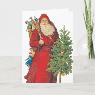 Père Noël vintage Avec Arbre, Carte De Noël