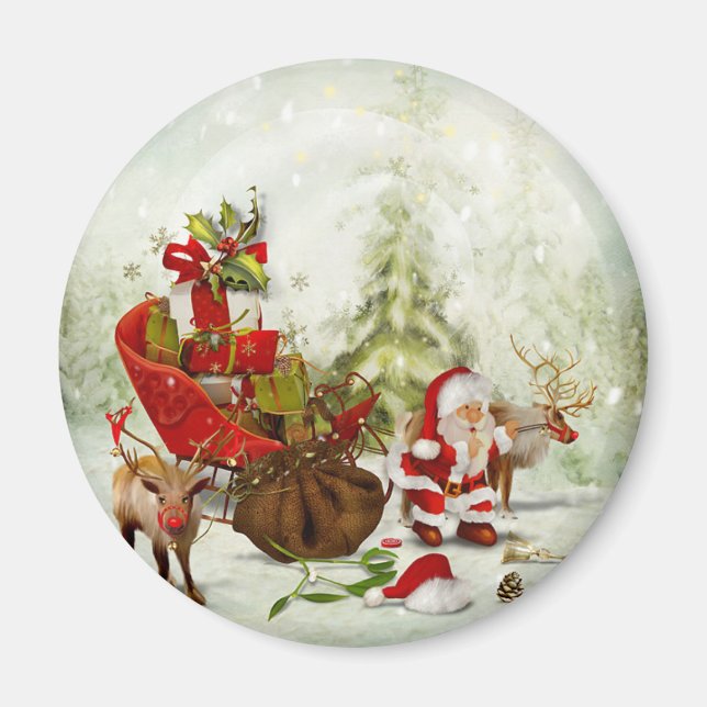 Père Noël Woodland Stop - Reindeer & Sleigh Magnet (Devant)