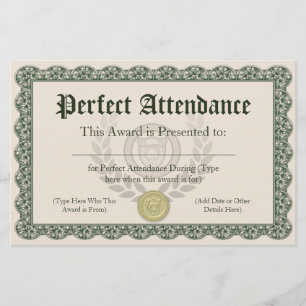 Perfect Attendance Award Certificate, Customizable