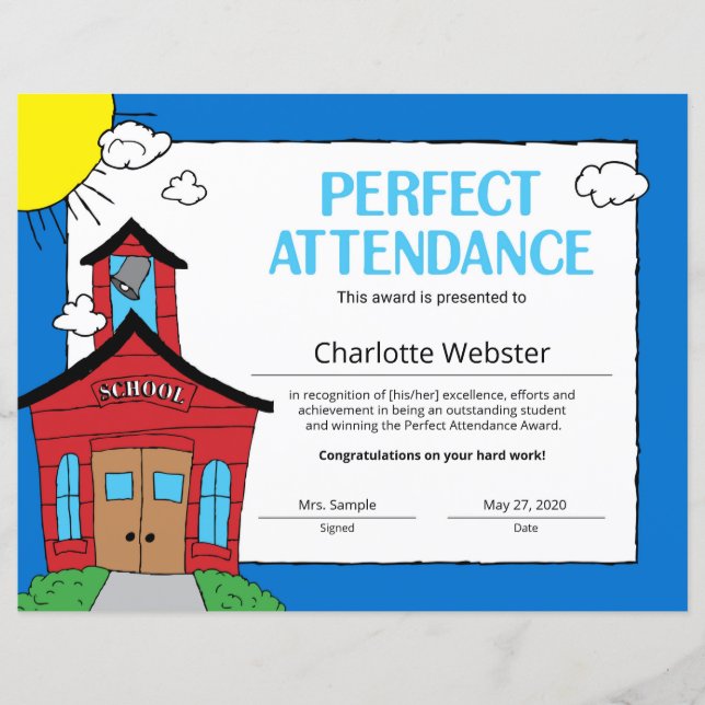 Perfect Attendance Student Recognition Certificate (Front)