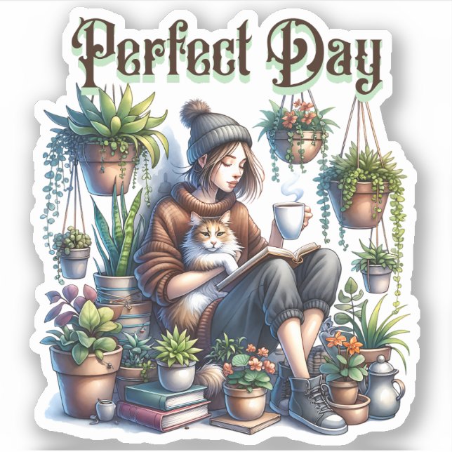 Perfect Day | Girl Reading with Cat and Plants (Front)