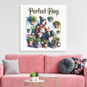 Perfect Day   Girl Reading with Cat and Plants Canvas Print