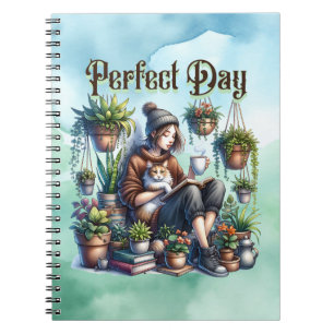 Perfect Day   Girl Reading with Cat and Plants Notebook