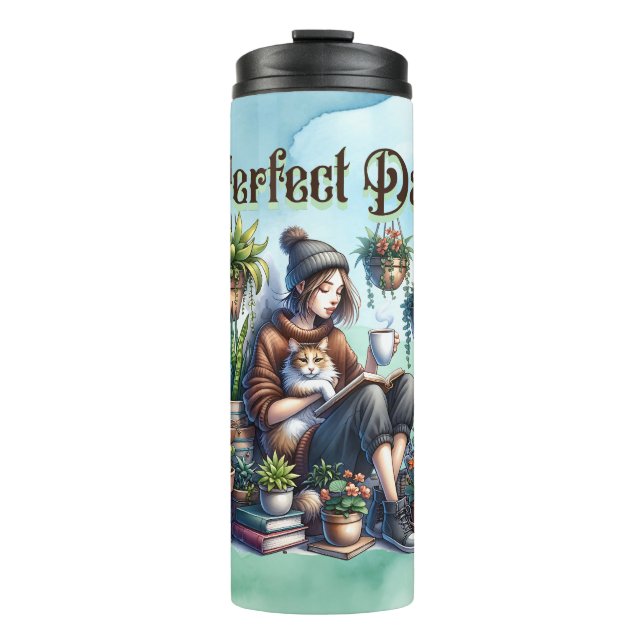 Perfect Day | Girl Reading with Cat and Plants Thermal Tumbler (Front)