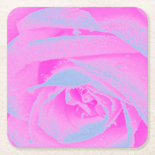 Perfect Hot Pink and Light Blue Rose Detail Square Paper Coaster