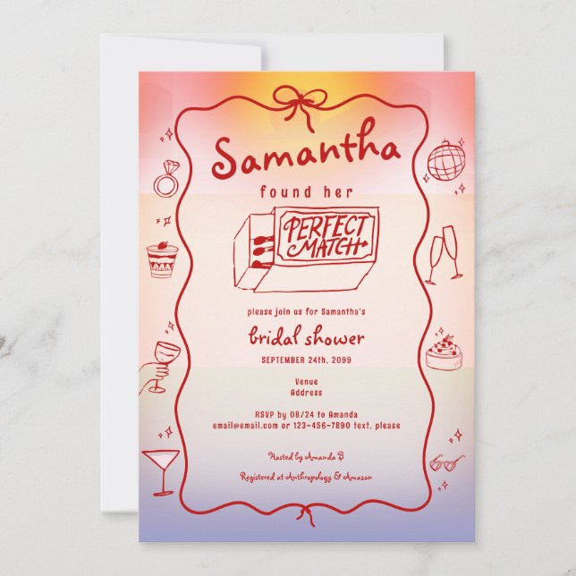Perfect Match Doodle Sunset Coquette Bridal Shower Invitation (Front)