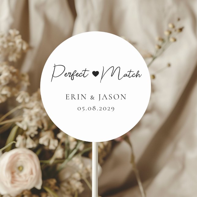 Perfect Match! Elegant, Simpel  Classic Round Sticker (Perfect Match! White, Elegant, Simple, Heart, Classic, Round, Wedding Sticker.)
