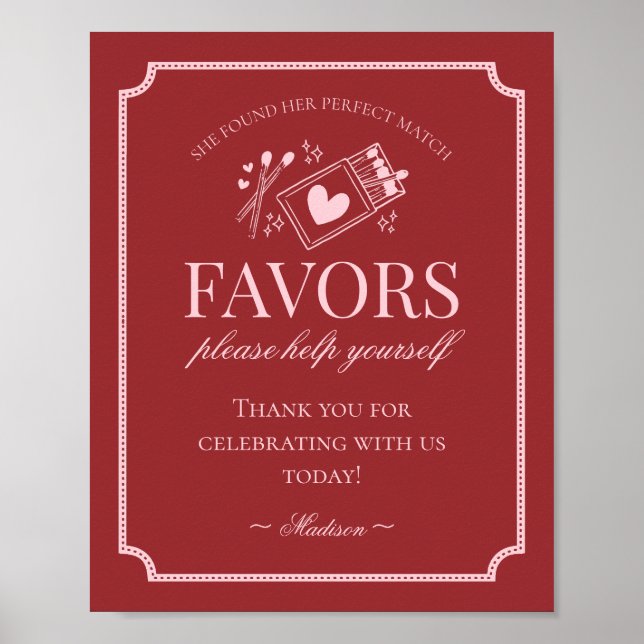 Perfect Match Matchbox Bridal Shower Favors Sign (Front)