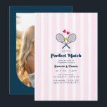 Perfect Match Preppy Tennis Engagement Party Photo Invitation<br><div class="desc">Celebrate your love story with this stylish tennis-themed engagement party invitation featuring crossed tennis rackets, playful heart accents, elegant pink stripes, and a custom photo placeholder for the happy couple. Designed with a chic preppy aesthetic, this “Perfect Match” engagement invitation is perfect for tennis lovers, country club celebrations, sporty couples,...</div>