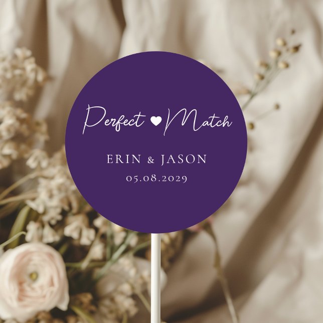 Perfect Match! Purple, simpel, elegant wedding Classic Round Sticker (Perfect Match! Purple, Elegant, Simple, Heart, Classic, Round, Wedding Sticker.)