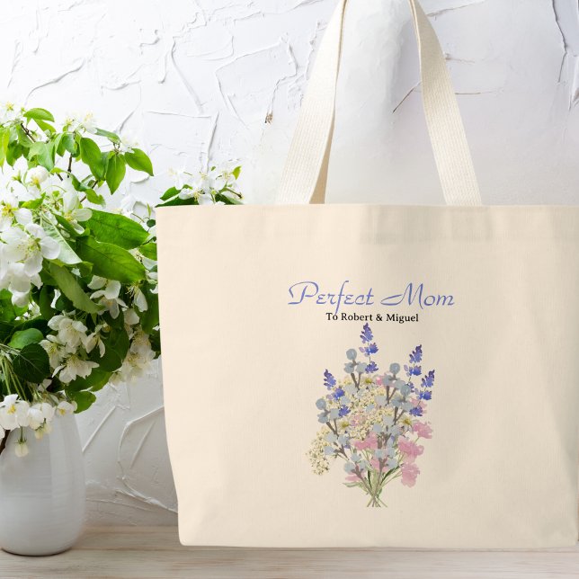 Perfect Mom,Watercolor Wildflower, Custom Name  Large Tote Bag (Creator Uploaded)