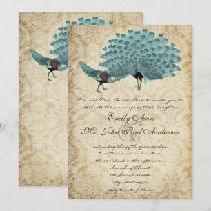 Perfect Pair Aqua Aged Damask Peacock Elegance Invitation
