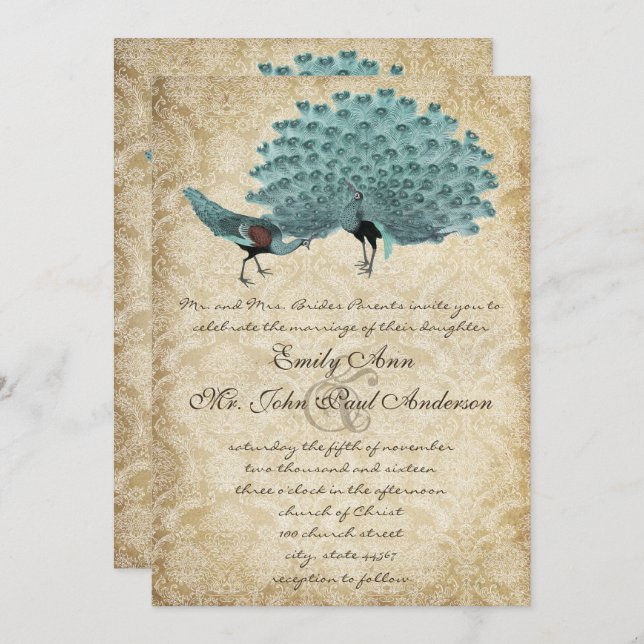 Perfect Pair Aqua Aged Damask Peacock Elegance Invitation (Front/Back)