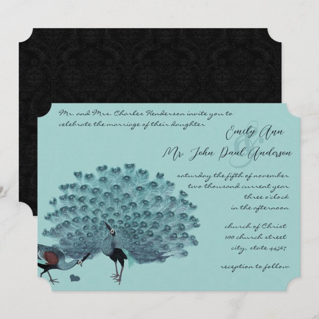 Perfect Pair Aqua Silver Peacock Metallic Elegance Invitation (Front/Back)
