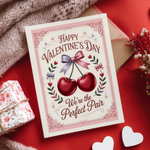 Perfect Pair Cherry Retro Happy Valentine's Day Postcard