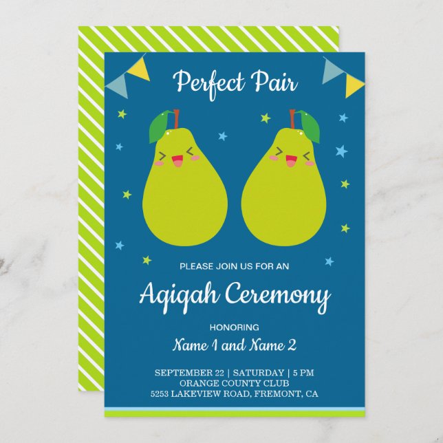 Perfect Pair Cute Pear Twins Aqiqah Invitation (Front/Back)