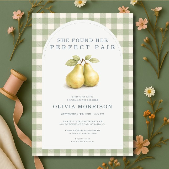 Perfect Pair Pear Gingham Green Bridal Shower Invitation (Creator Uploaded)