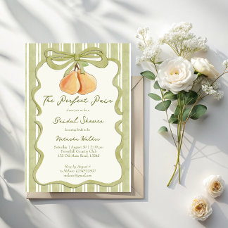 Perfect pair sage green stripe pear bridal shower invitation