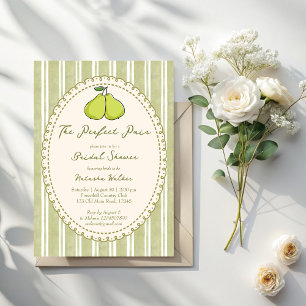 Perfect pair sage green stripe pear bridal shower invitation