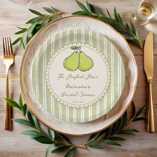 Perfect pair sage green stripe pear bridal shower paper plate