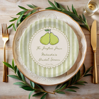Perfect pair sage green stripe pear bridal shower paper plate