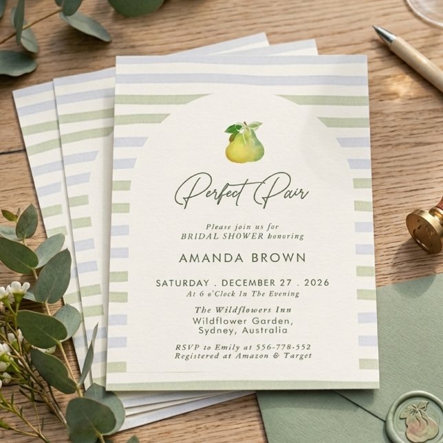 Perfect Pair Sage Green Stripes Bow Bridal Shower Invitation (Creator Uploaded)