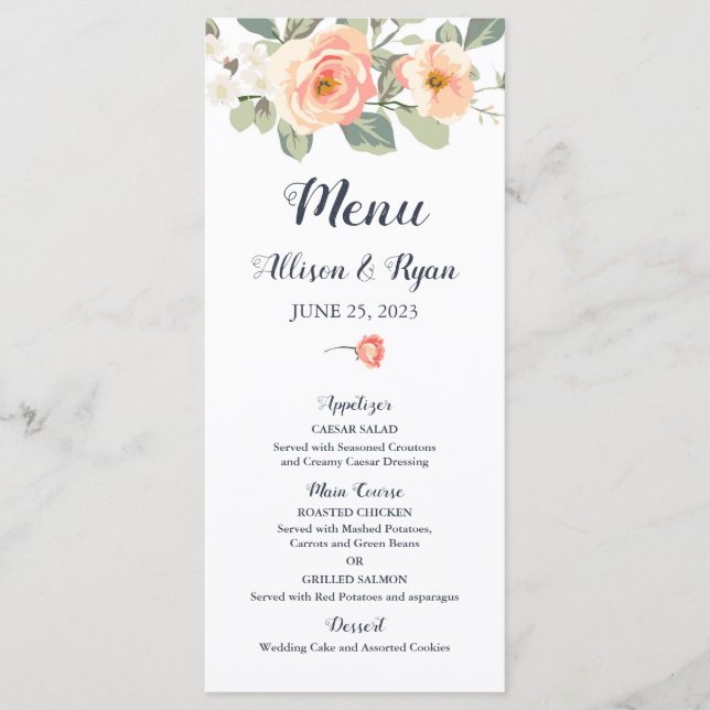 Perfect Peach Floral Wedding Menu (Front)