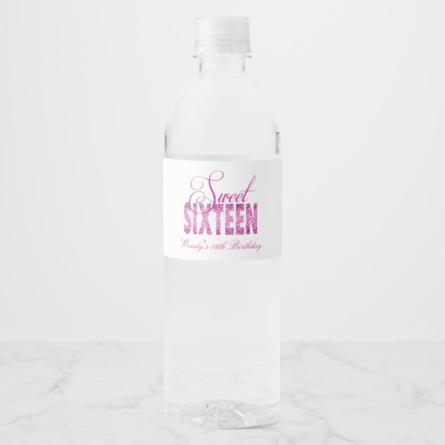 Perfect Pink, Glam Glitter, Sweet 16 Water Bottle Label (Front)