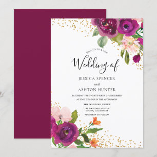 Perfect Wedding: Burgundy Pink Flower Gold Glitter Invitation