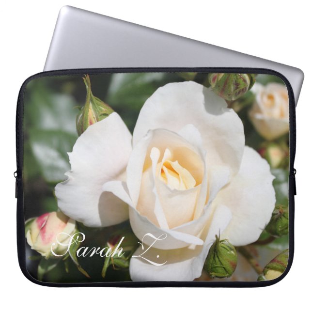 Perfect white rose flowers laptop case. with name. laptop sleeve (Front)