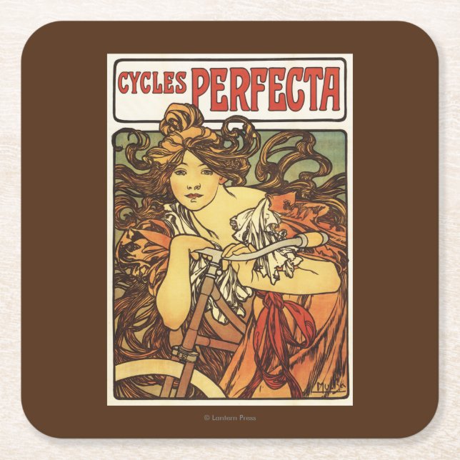 Perfecta Bicycles with Woman Advertisement Poste Square Paper Coaster (Front)